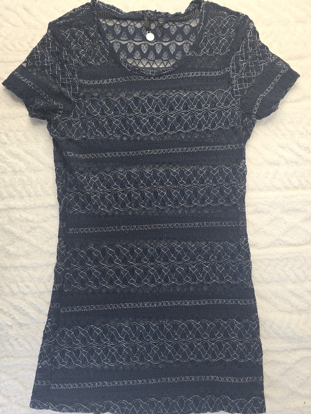 BKE Boutique Lace Top Sheer Navy Blue Silver Metallic Short Sleeve Scoop Neck M